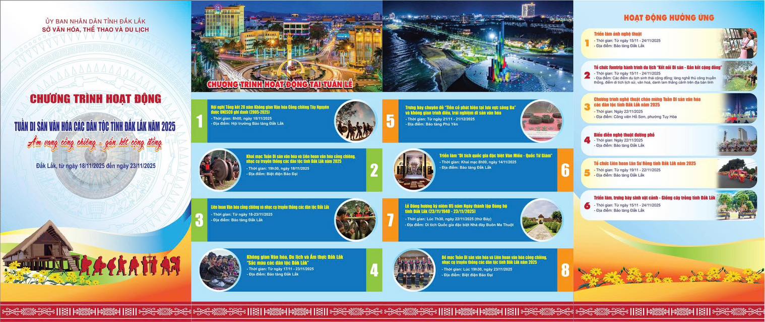 Chương trình hoạt động Tuần Di sản văn hoá các dân tộc tỉnh Đắk Lắk năm 2025. Chủ đề "Âm vang cồng chiêng - gắn kết cộng đồng"