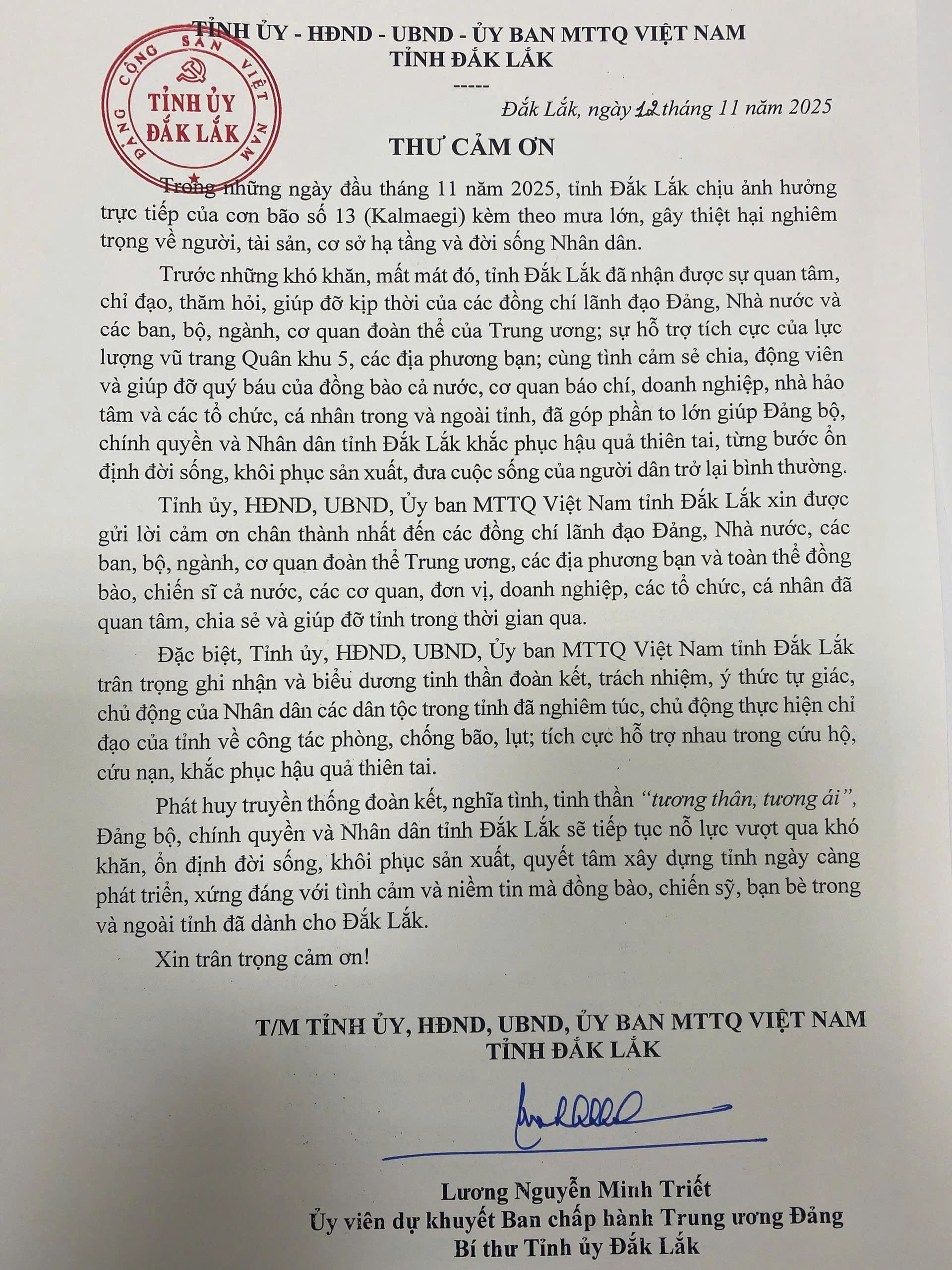 Thư cảm ơn của Tỉnh uỷ- HĐND- UBND- Uỷ Ban MTTQ Việt Nam tỉnh Đắk Lắk