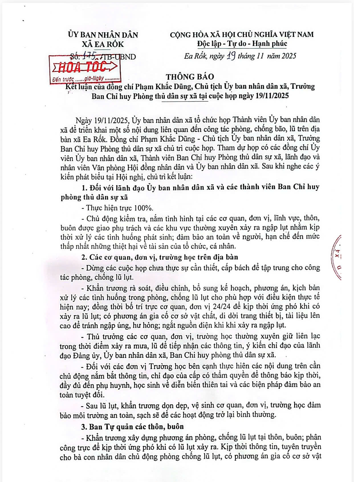 thông báo kết luận của đồng chí Phạm Khắc Dũng - chủ tịch UBND, trưởng ban chỉ huy phòng thủ dân sự tại cuộc họp 19/11/2025
