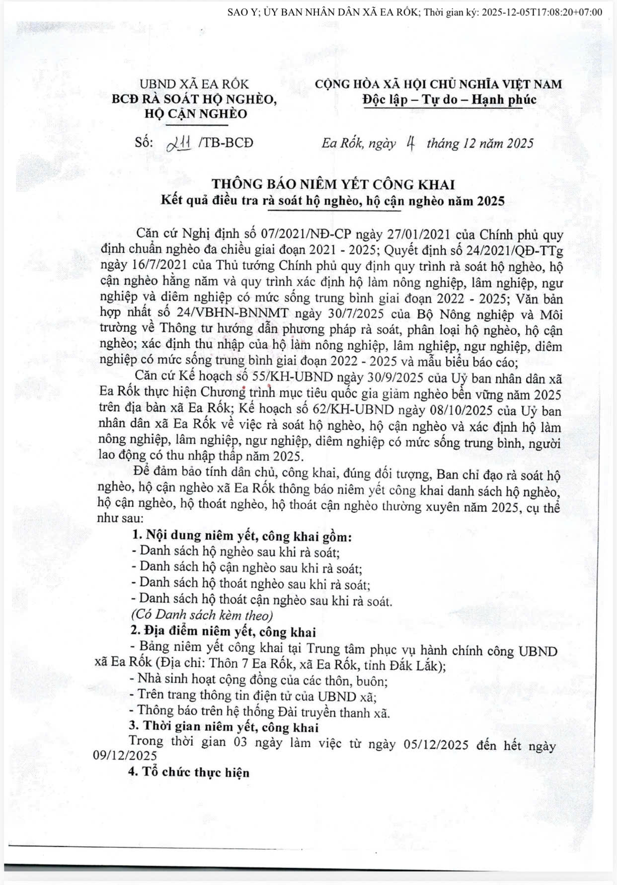 Thông báo niêm yết  công khai kết quả điều tra rà soát hộ nghèo, hộ cận nghèo năm 2025